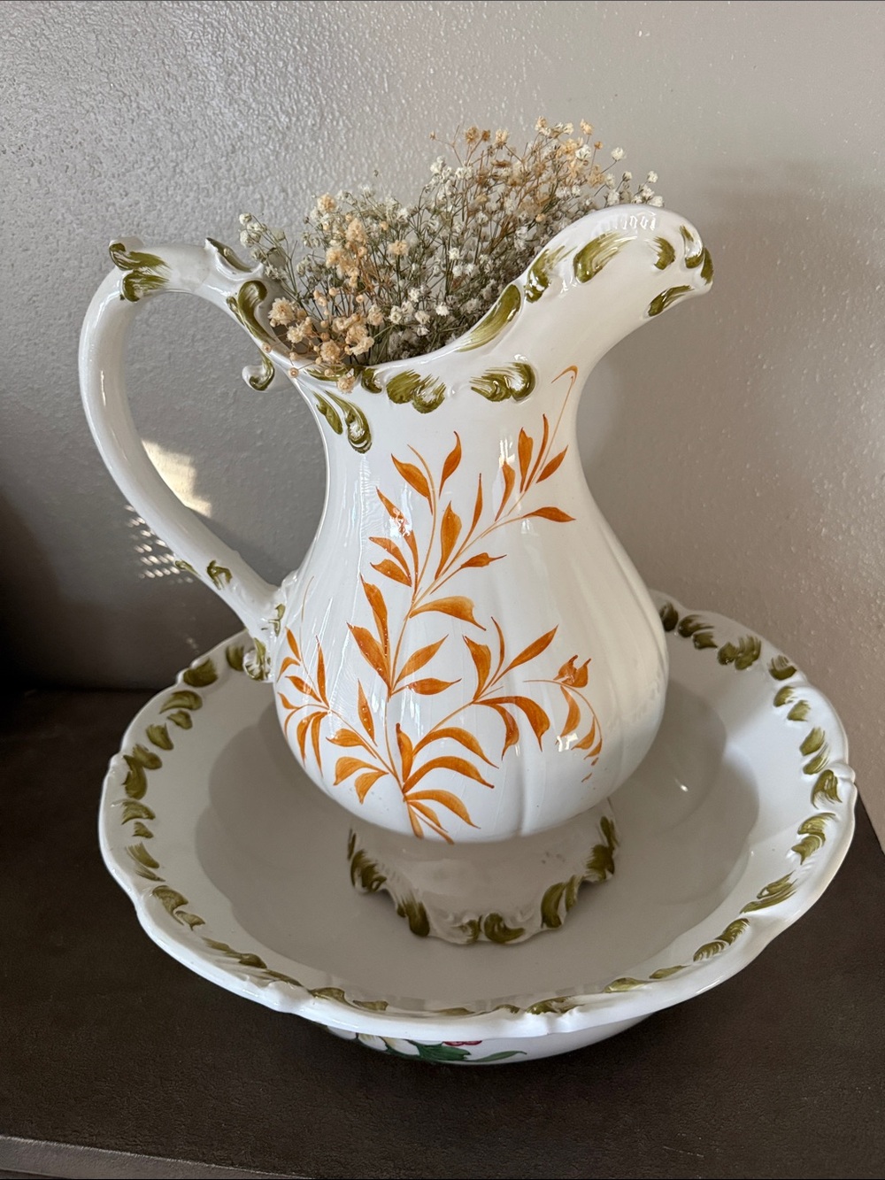 Hand-Painted Floral Ceramic Pitcher with Basin - White, Green & Yellow Accents